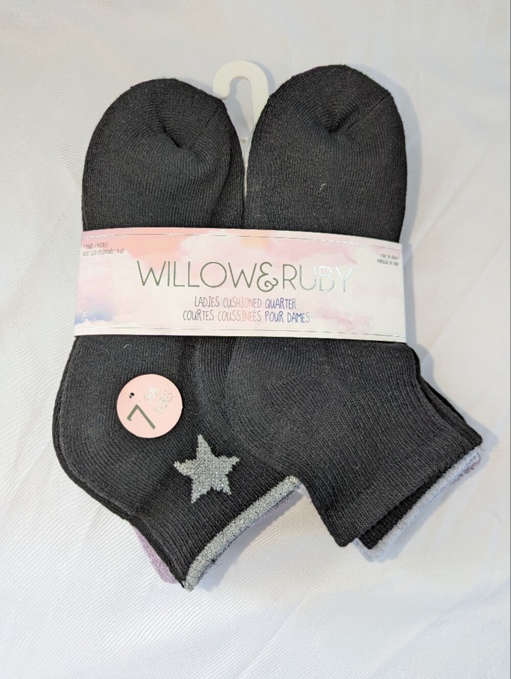 Womens Cushioned Quarter Socks — Black with Silver Star, Purple, Blue
